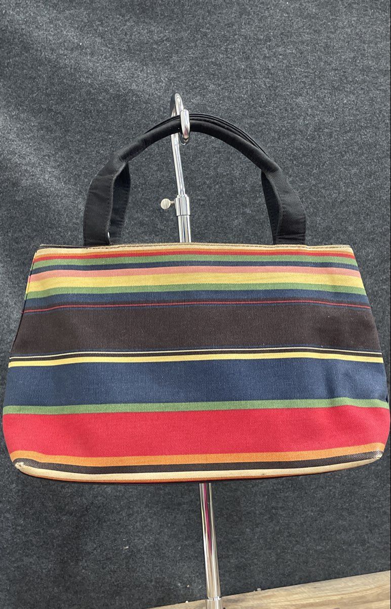 Pristine Multicolored Striped Canvas Tote Handbag Double Handle Footed Base
