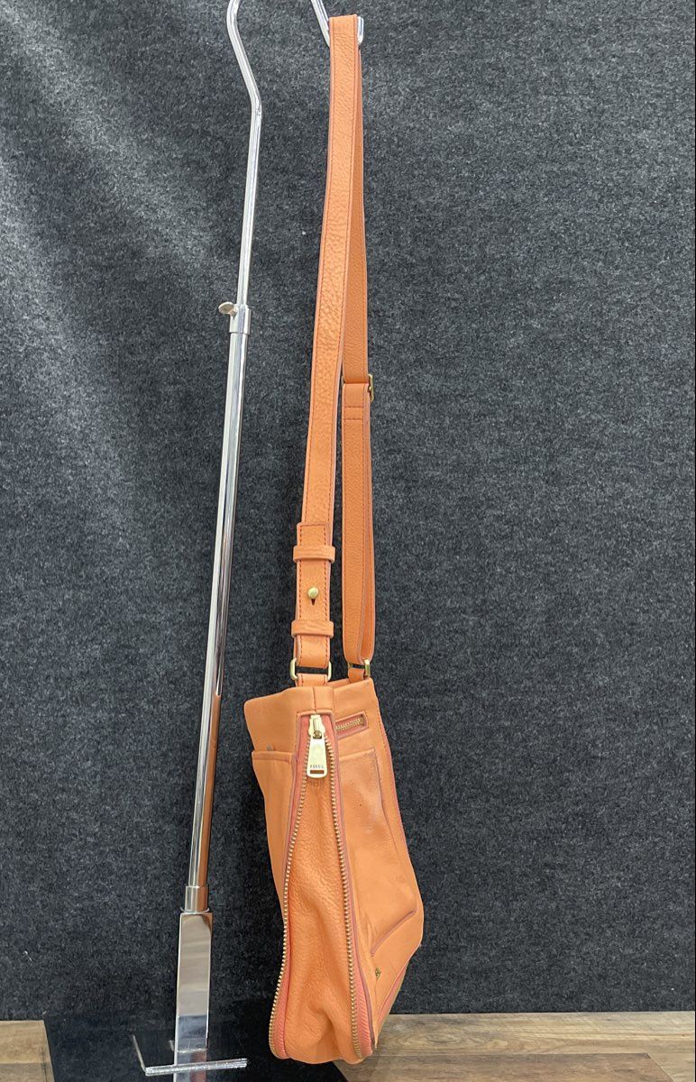 Fossil Orange Leather Expandable Multi-Pocket Crossbody Shoulder Bag