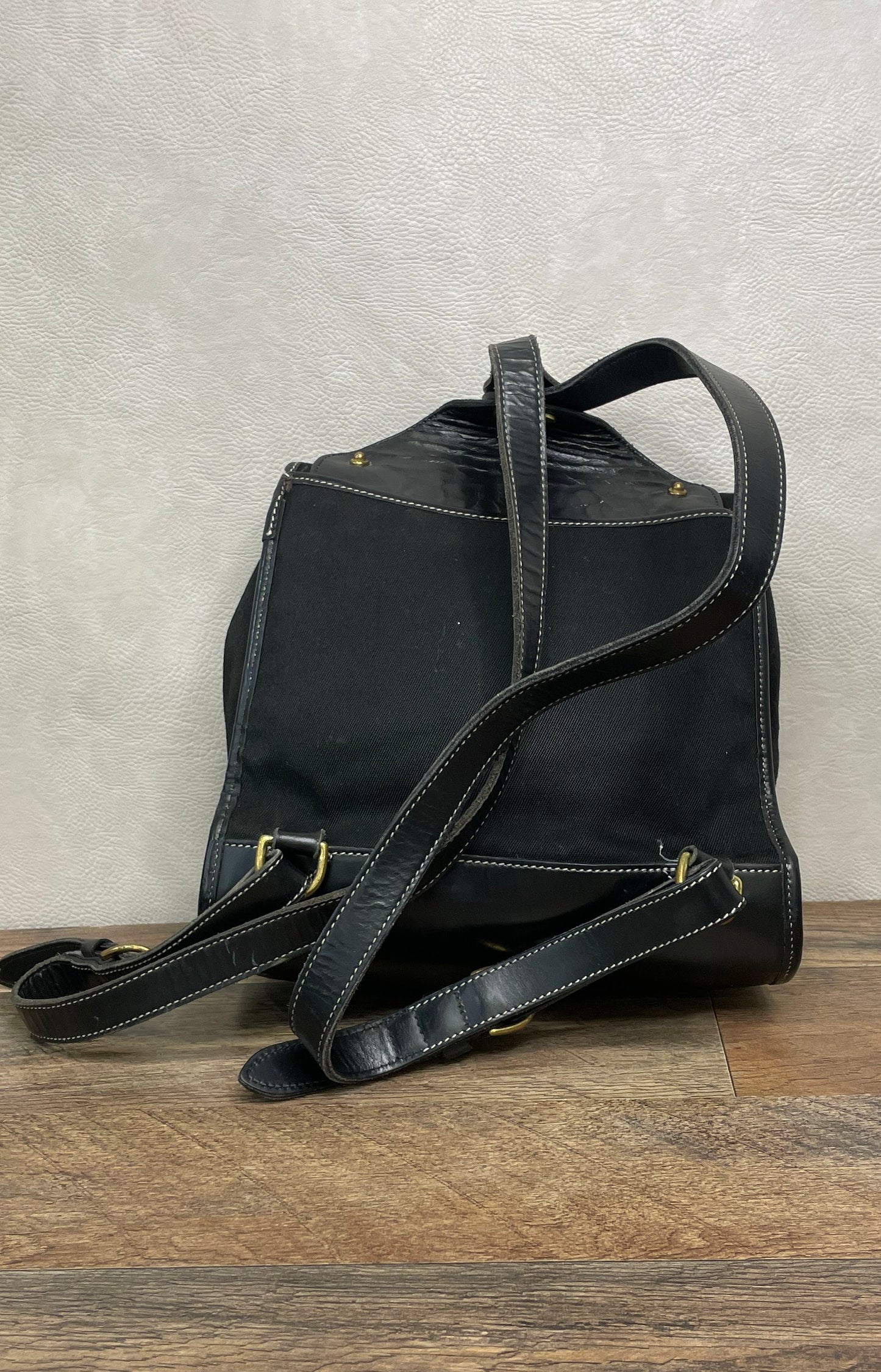 Vintage 90s Dooney & Bourke Black Canvas Leather Backpack Bag Brass Made in USA