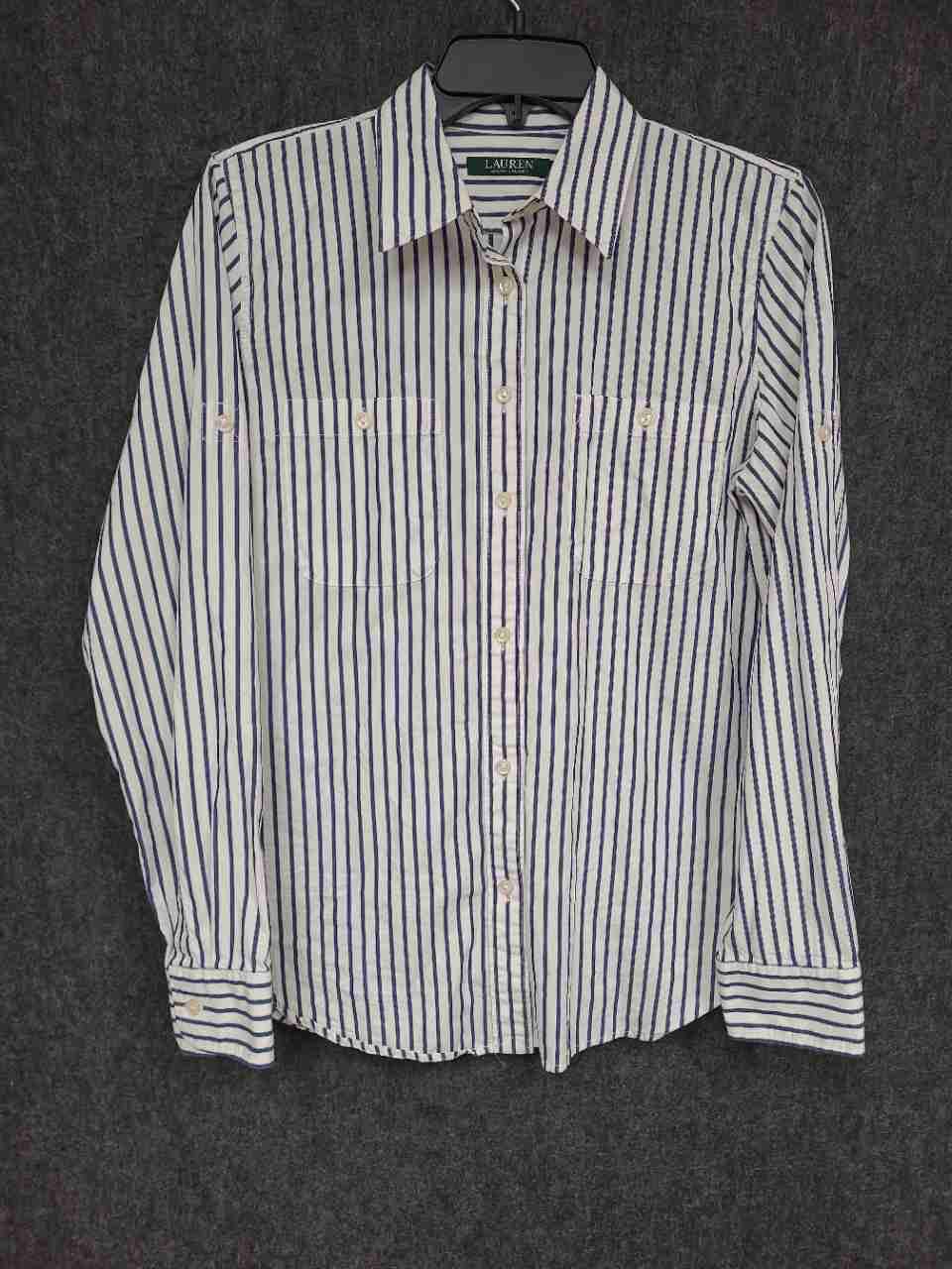 Lauren Ralph Lauren Women's White Blue Striped Button Up Pocket Shirt Sz M