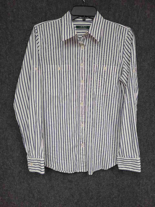 Lauren Ralph Lauren Women's White Blue Striped Button Up Pocket Shirt Sz M