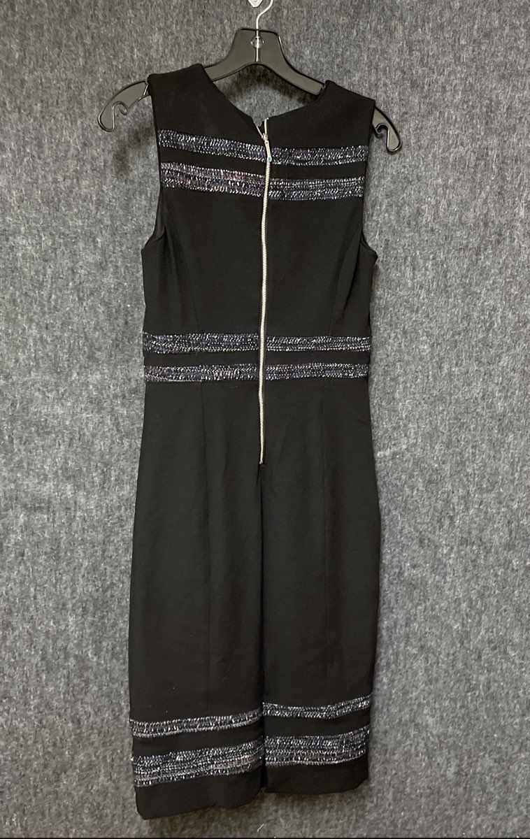 White House Black Market Women's Black Striped Tweed Trim Sheath Dress Sz 4