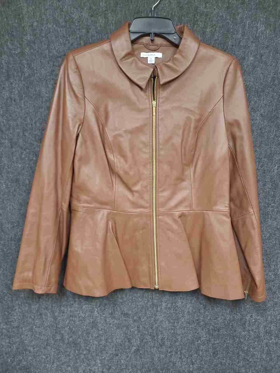 Isaac Mizrahi Live! Women's Cognac Tan Leather Peplum Hem Zip Jacket Sz 6