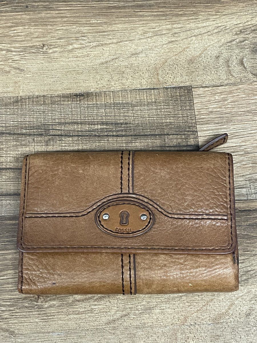 Fossil Tan Brown Leather Trifold Wallet SWL1004 Zip Coin Pouch Vintage Small