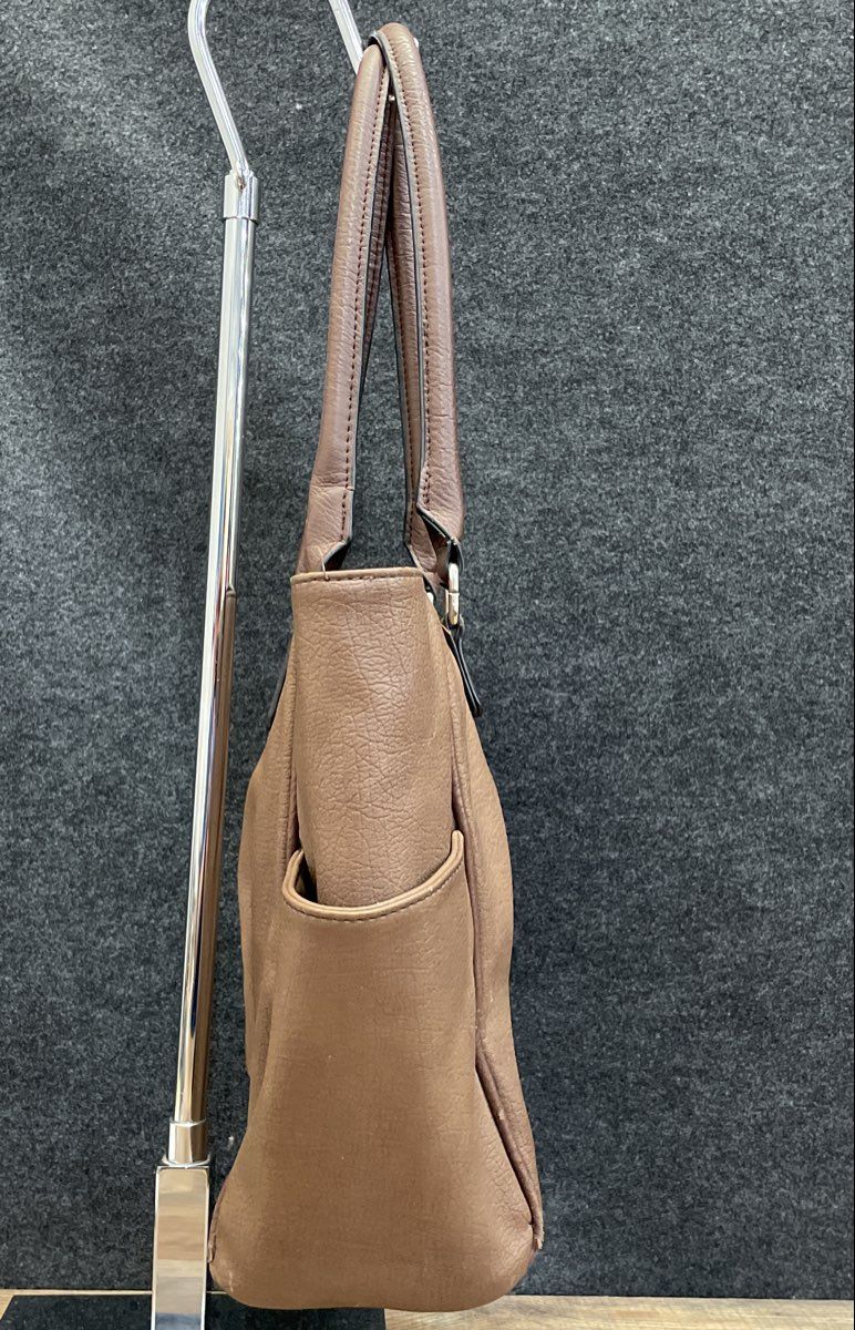 Bueno Brown Leather Tote Shoulder Bag with Silver Flower Charm