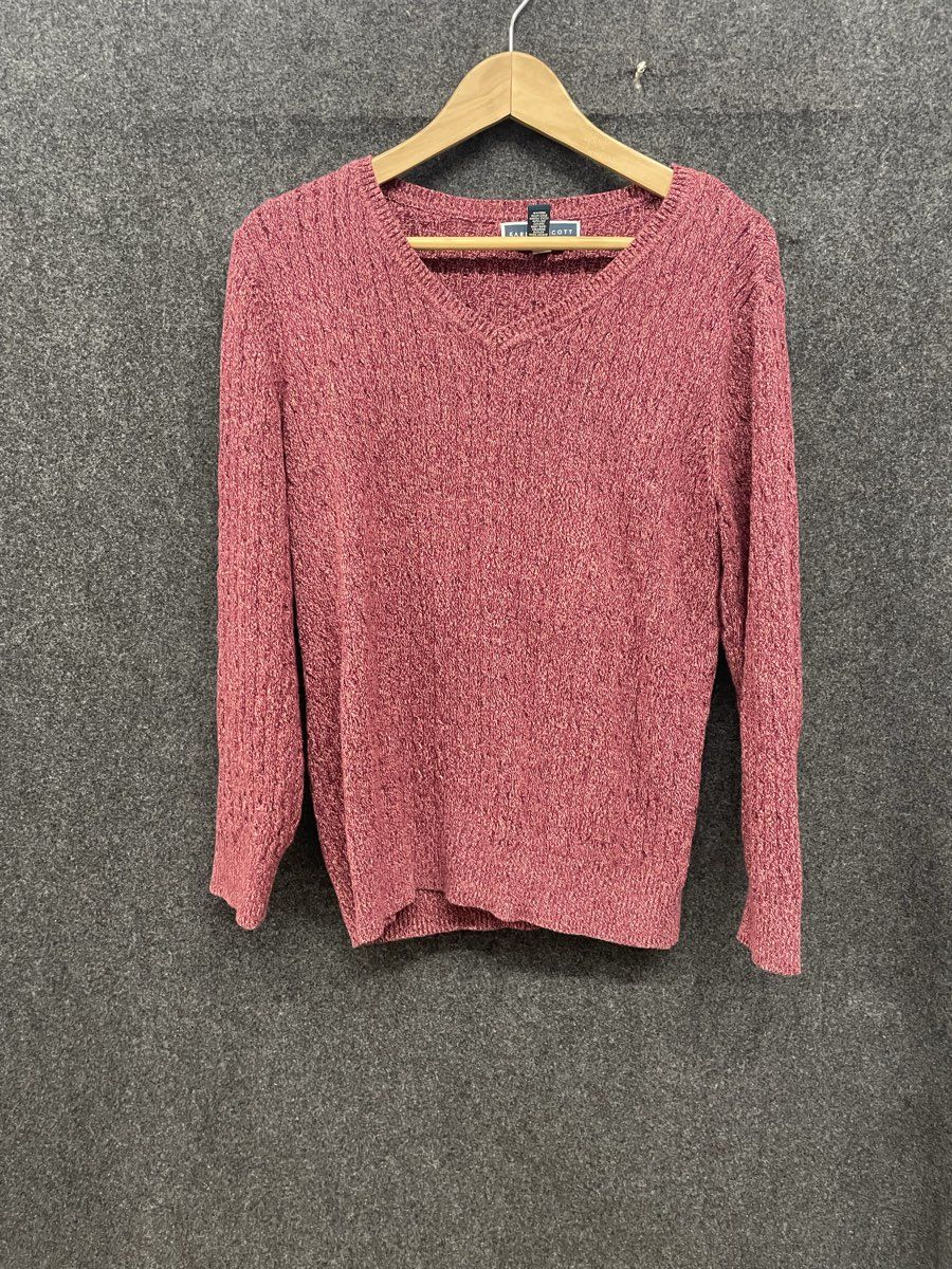 Karen Scott Women's V-Neck Sweater Heathered Burgundy Cable Knit Texture Sz XL