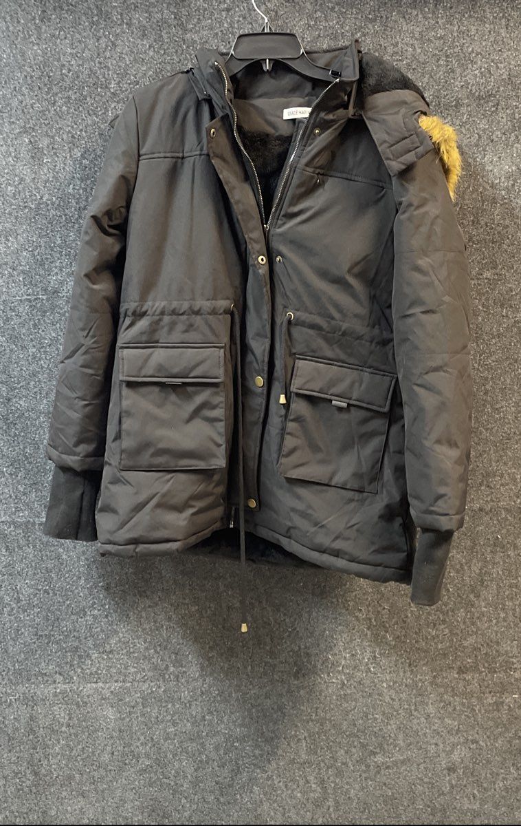 Grace Karin Women's Black Hooded Parka Jacket Faux Fur Trim Fleece Lined Sz XL