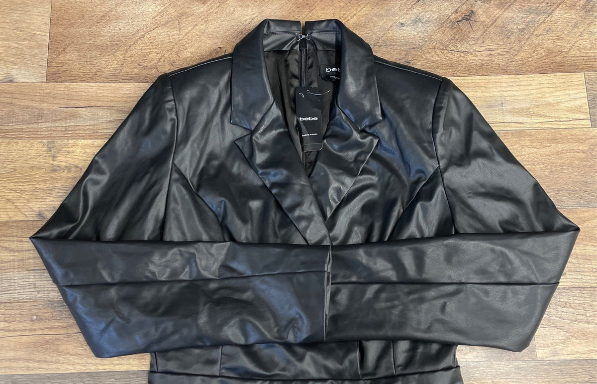 Bebe Women's Black Vegan Leather Cross Front Long Sleeve Romper NWT Sz 8