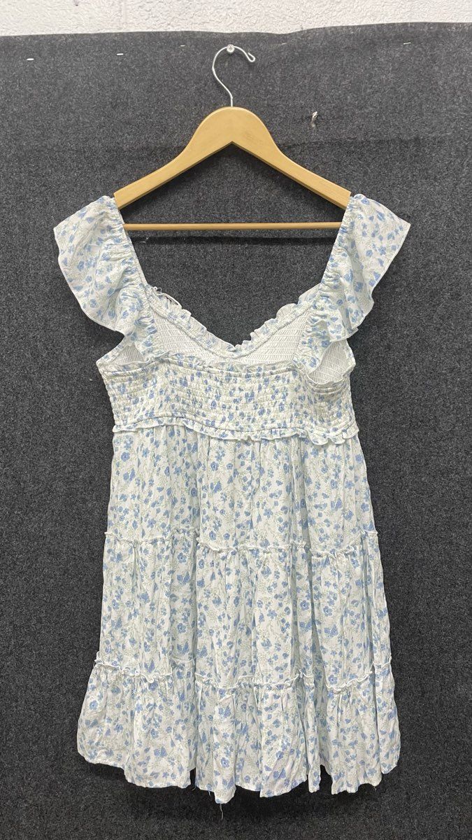 Altar'D State Women's Regina White Blue Floral Smocked Tiered Mini Dress Sz L