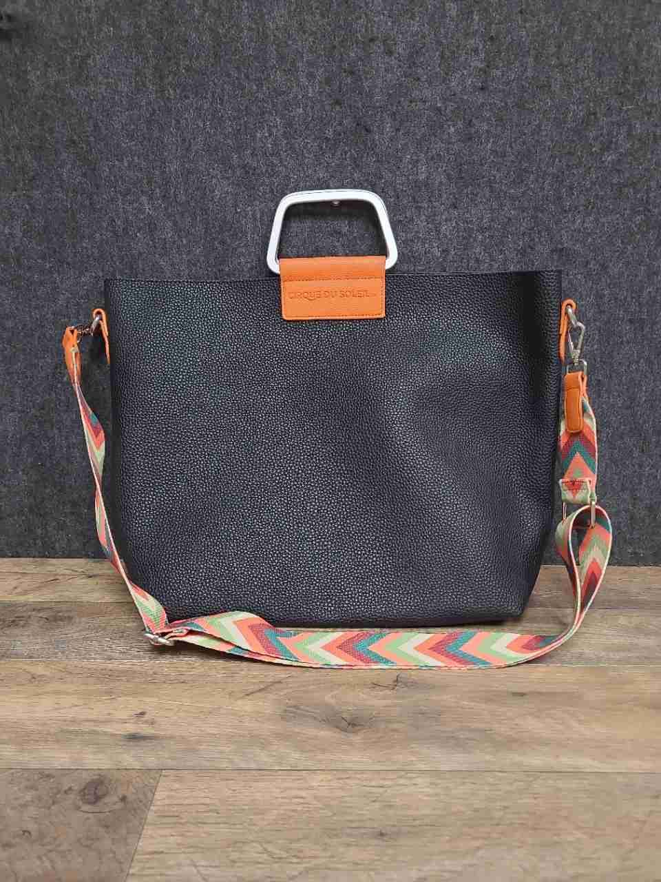 Cirque du Soleil Black Pebbled Tote Bag Orange Accents Chevron Crossbody Strap