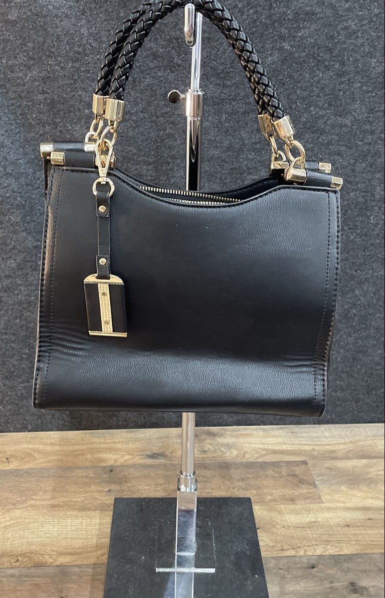Miztique Black Leather Braided Handle Satchel Handbag Gold Hardware