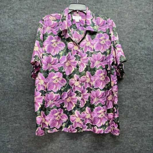 Vintage 90s Bogari Women's Purple Floral 100% Silk Blouse Sz L