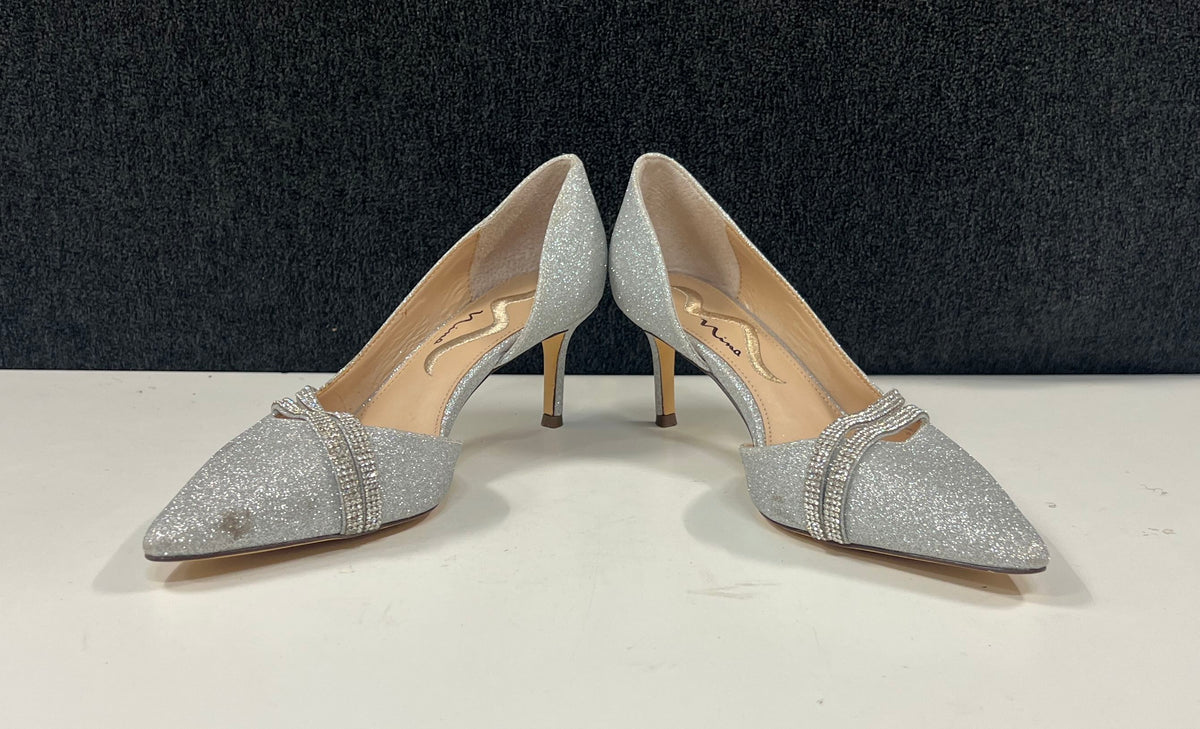 Nina Brystol Silver Glitter Rhinestone d'Orsay Pointed Toe Pump Size 8M