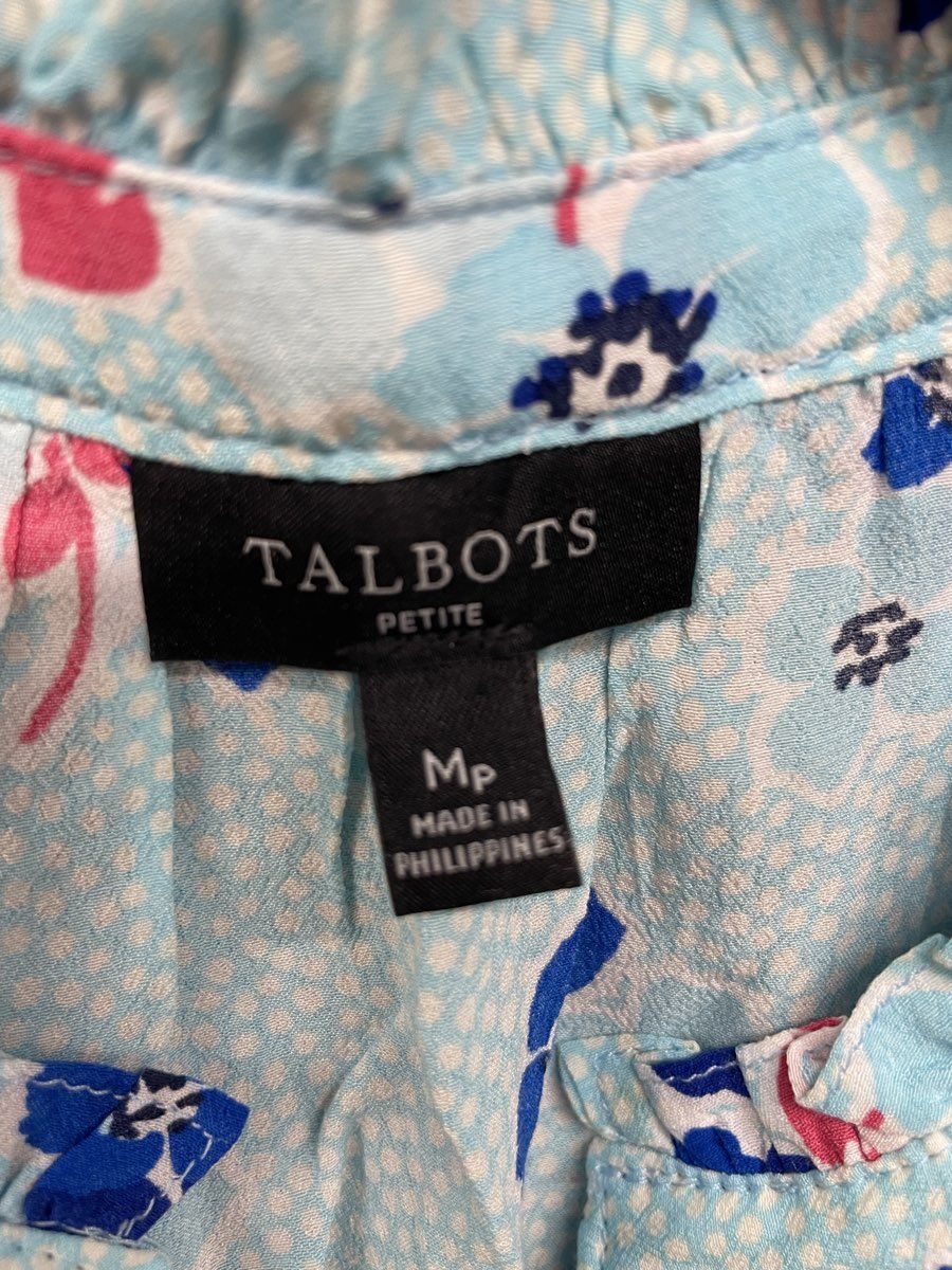 Talbots Women's Sleeveless Top Light Blue Floral Print Ruffle Neck Viscose Sz MP