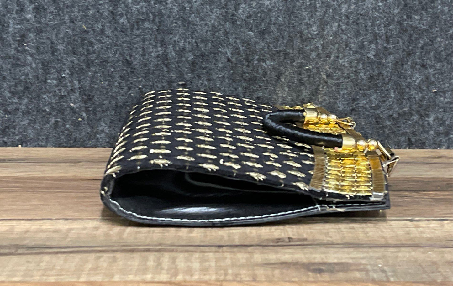 Vintage 90s Black Gold Embroidered Shell Top Handle Evening Handbag Clutch