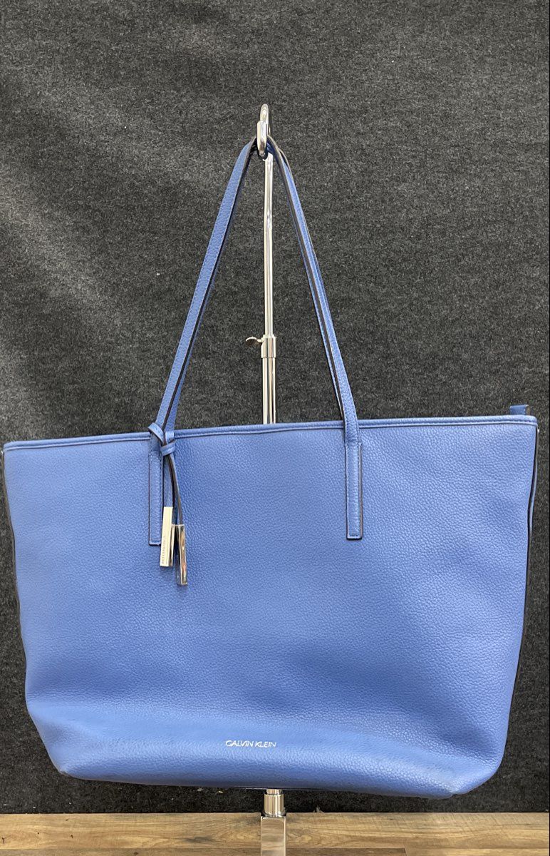 Calvin Klein Blue Pebbled Leather Tote Shoulder Bag Silver Hardware