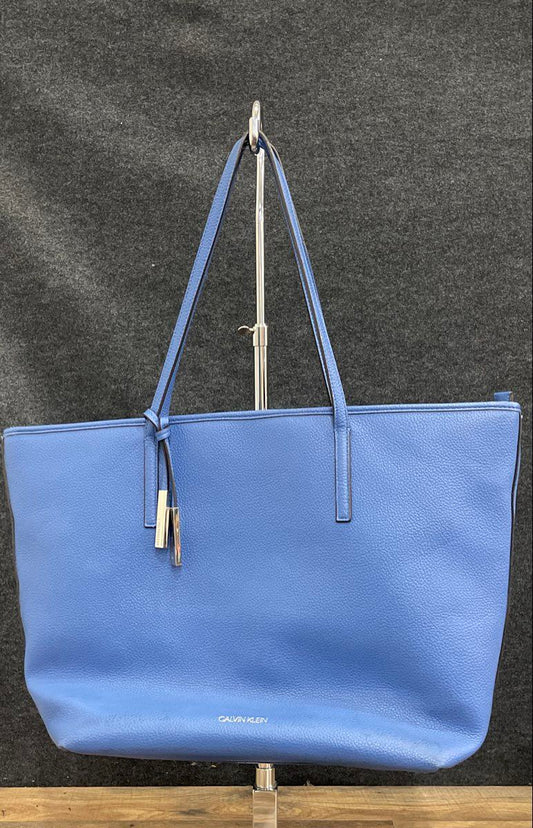Calvin Klein Blue Pebbled Leather Tote Shoulder Bag Silver Hardware