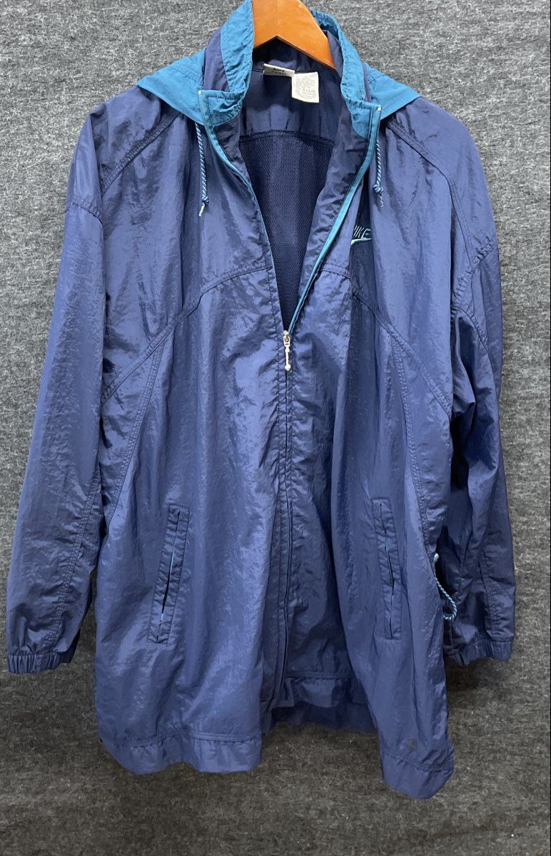 Vintage 90s Nike Women's Navy Teal Hooded Windbreaker Jacket Sleeve Patch Sz L