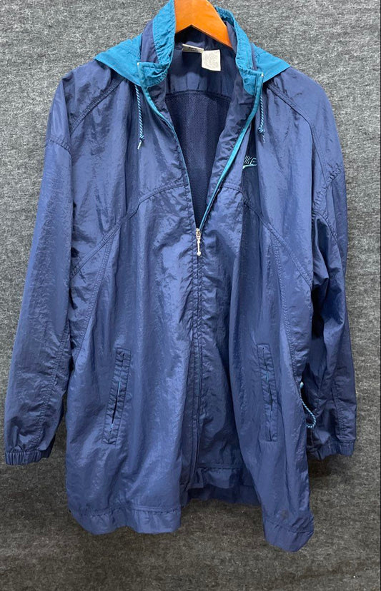 Vintage 90s Nike Women's Navy Teal Hooded Windbreaker Jacket Sleeve Patch Sz L