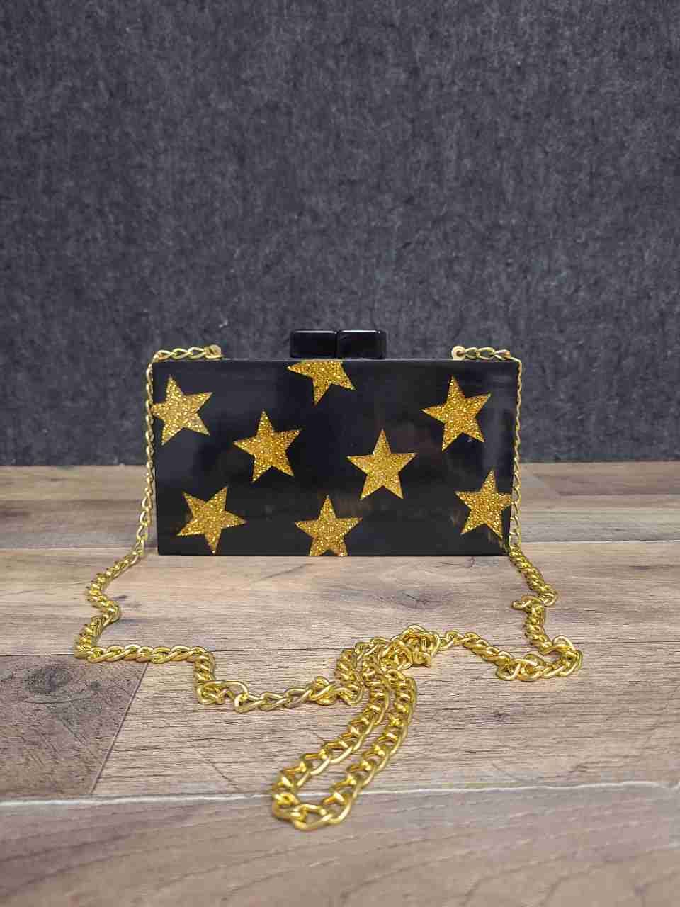Lulu Black Acrylic Gold Glitter Star Lu Lu Box Clutch Crossbody Bag