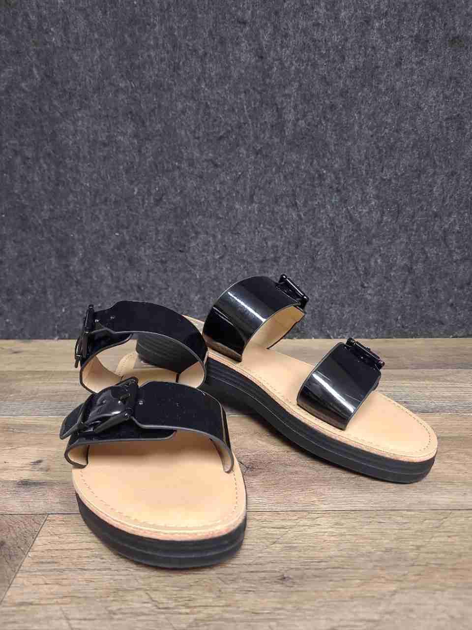 DV Dolce Vita Heather Black Patent Double Buckle Slide Sandals Women's Size 8