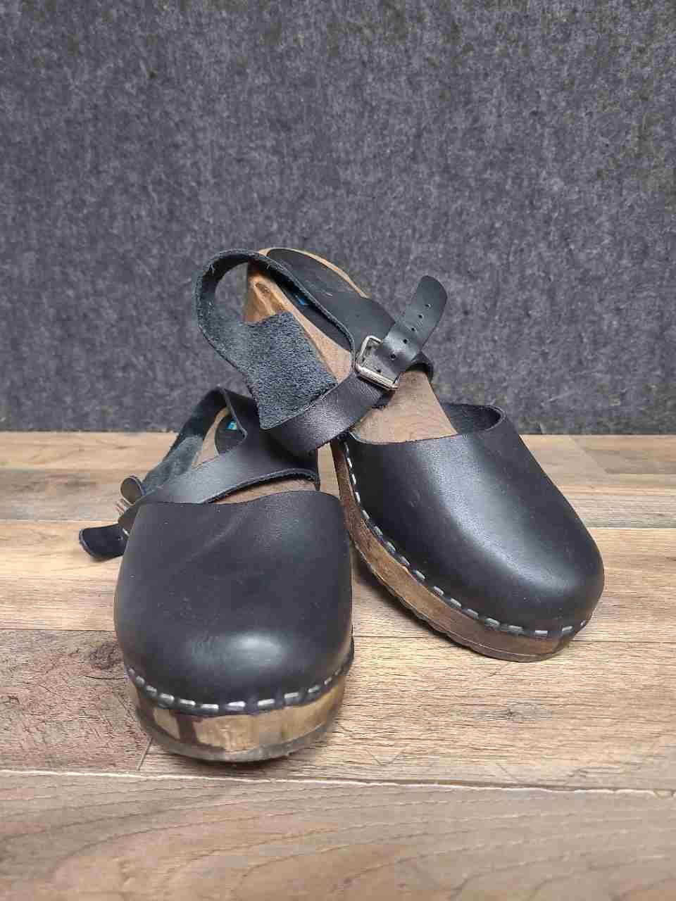 Lotta from Stockholm Highwood Black Leather Slingback Wooden Clogs Size 39