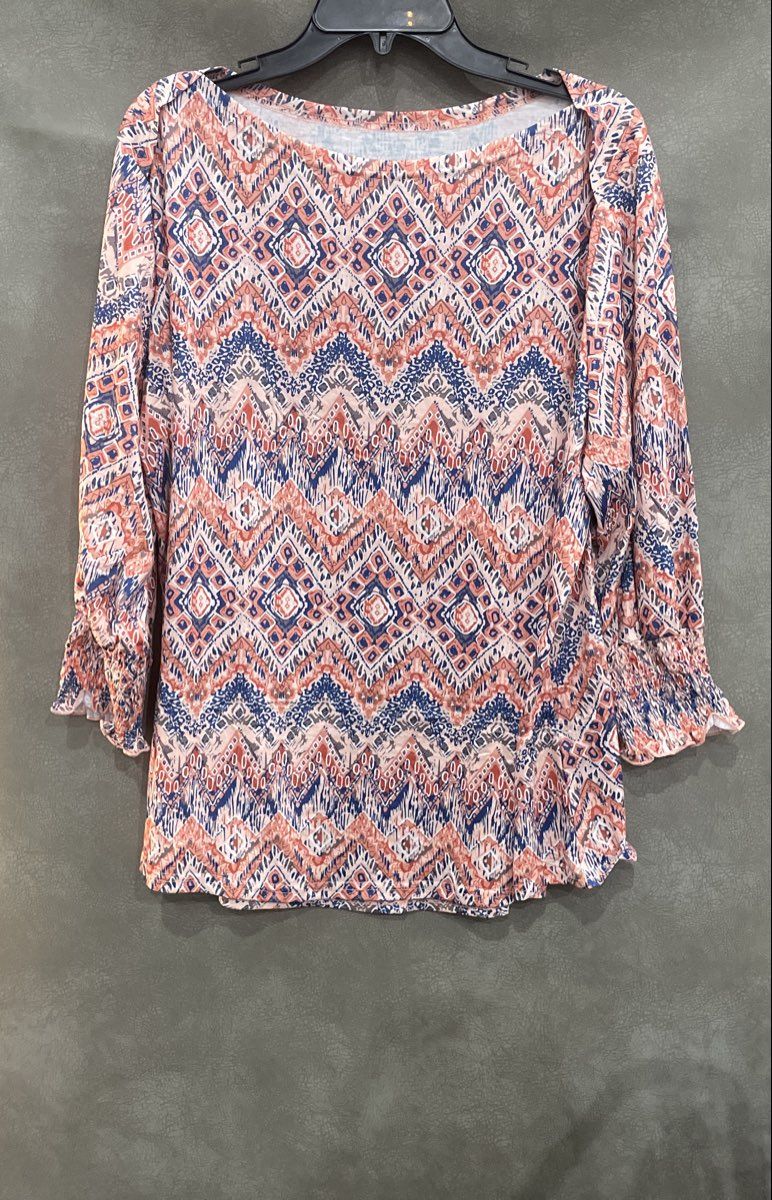 GIECCP Women's Orange Blue Geometric Smocked Cuff Blouse Top Sz 2XL