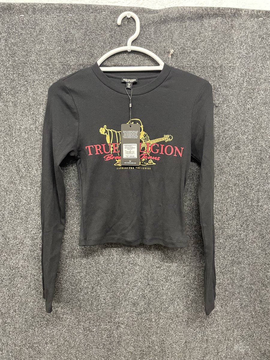 True Religion Women's Jet Black Buddha LS Ribbed Baby Tee NWT Sz S