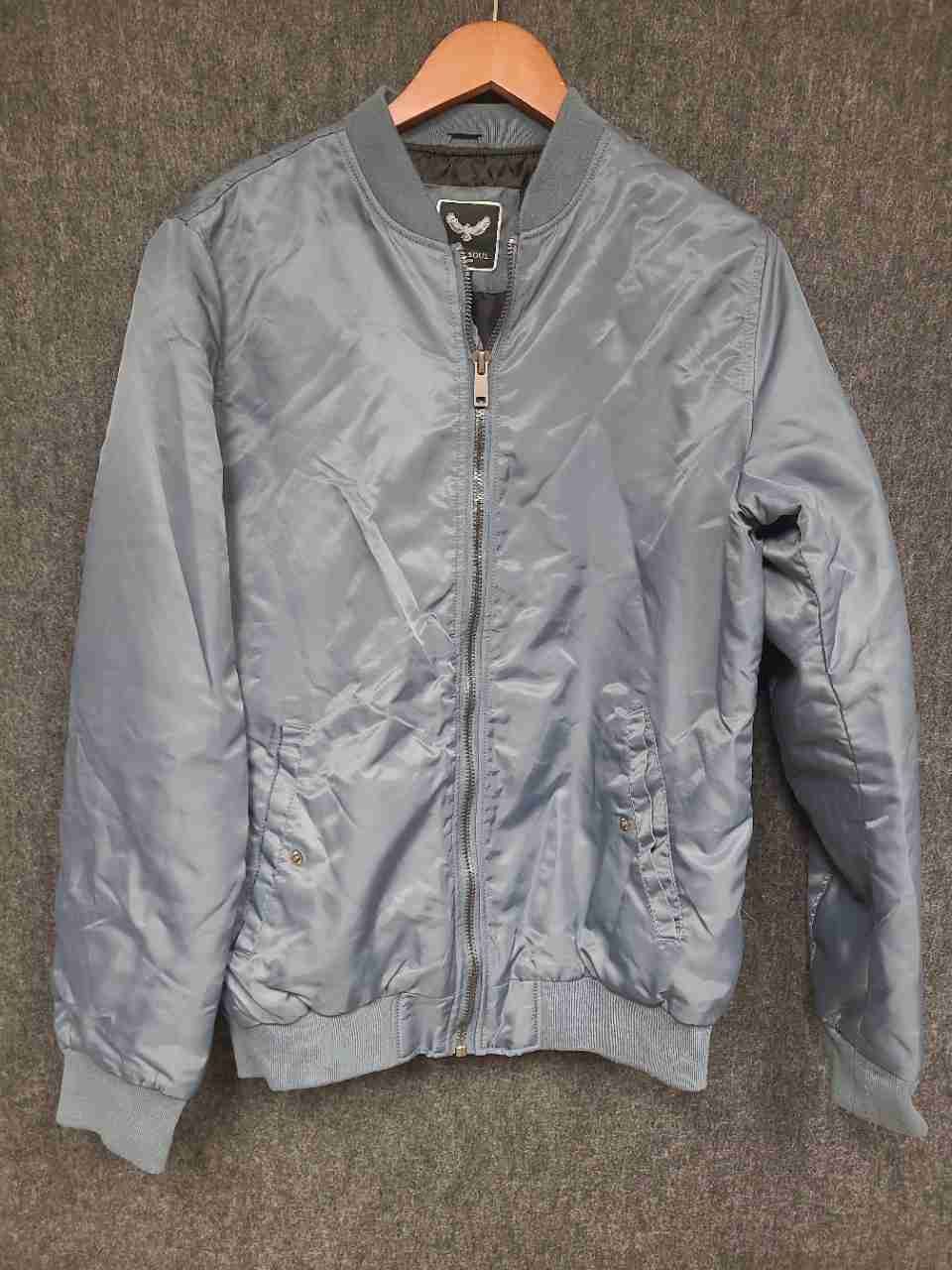 Brave Soul Men's Gray Satin Full Zip Bomber Jacket Ribbed Trim Size M