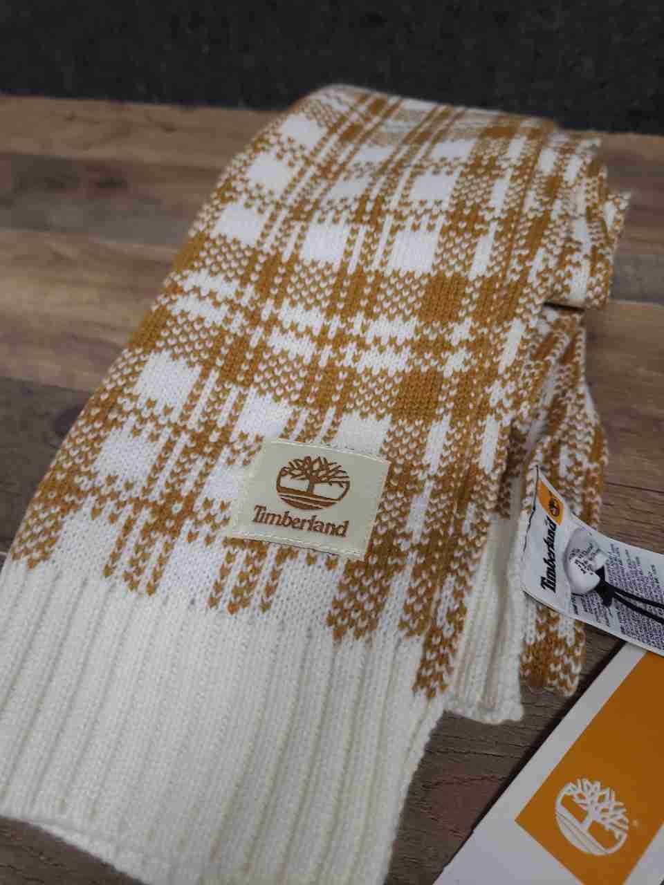 Timberland Unisex Plaid Knit Scarf Mustard White Checkered NWT
