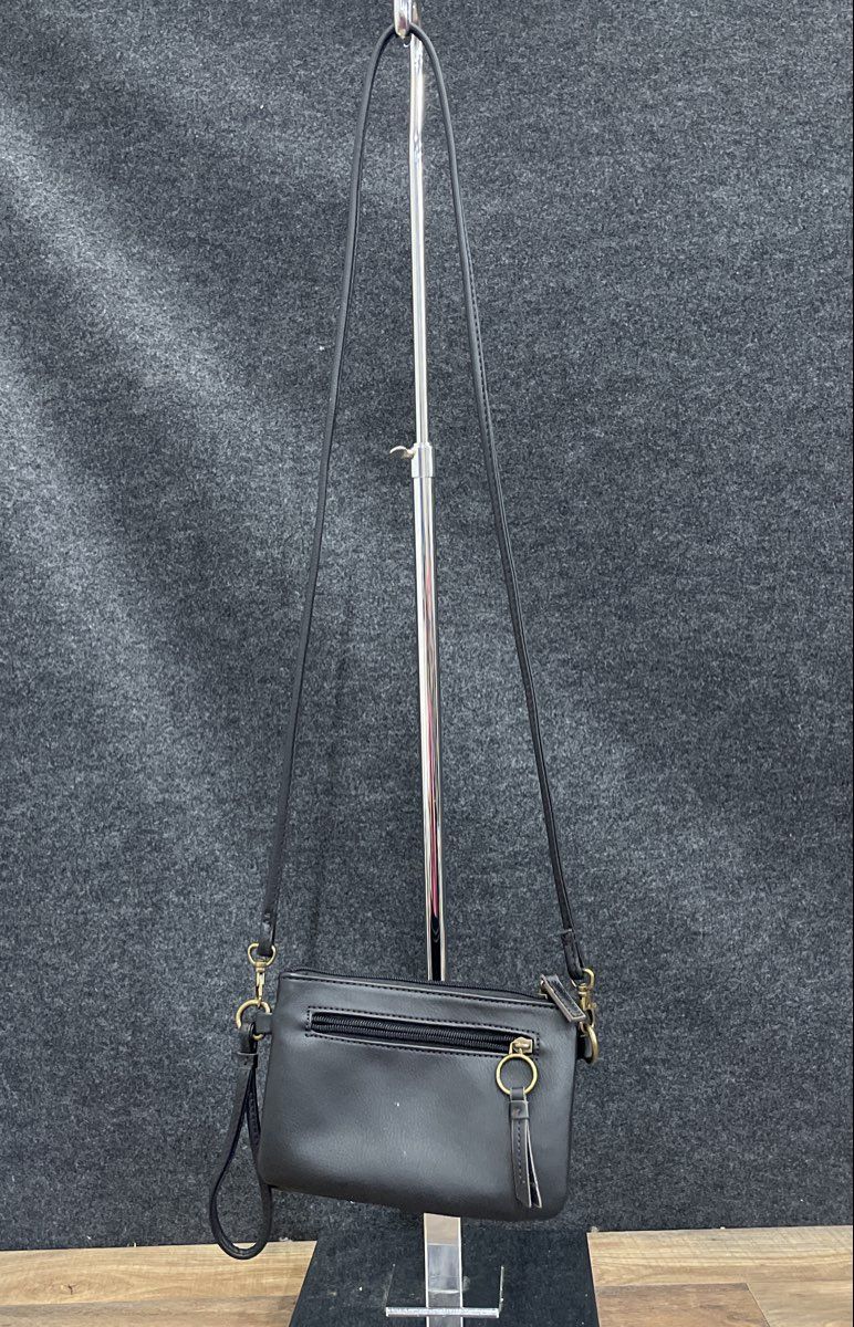 a.n.a Black Leather Triple Gusset Crossbody Bag Wristlet Brass Hardware