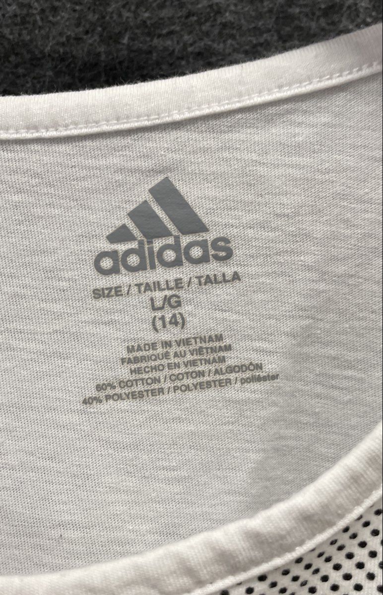 Adidas Girls White Grey Dot Logo Graphic T-Shirt Cap Sleeve Sz L 14