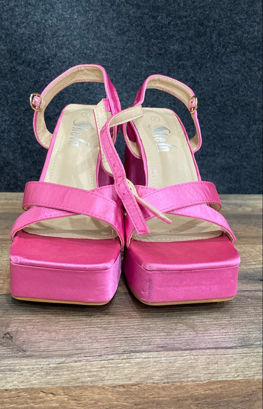 Shein Pink Satin Platform Block Heel Square Toe Sandals Size 7