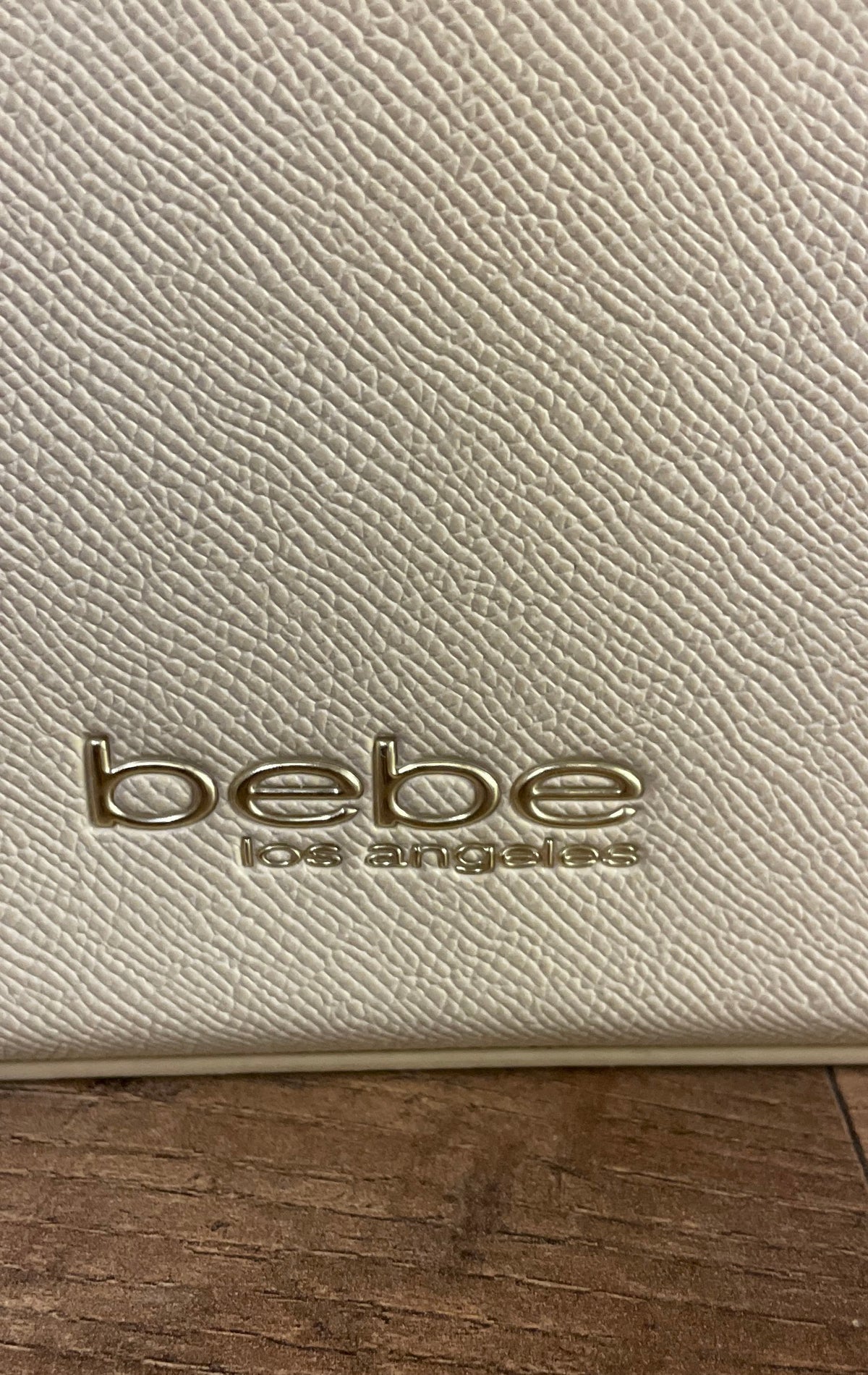 Bebe White Textured Faux Leather Satchel Bag Gold Hardware Top Handle Crossbody
