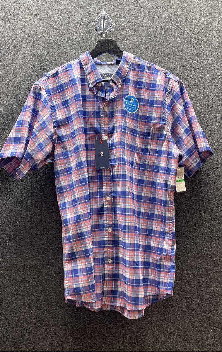 IZOD Men's Short Sleeve Plaid Shirt Rapture Rose Blue Cool FX Stretch NWT L