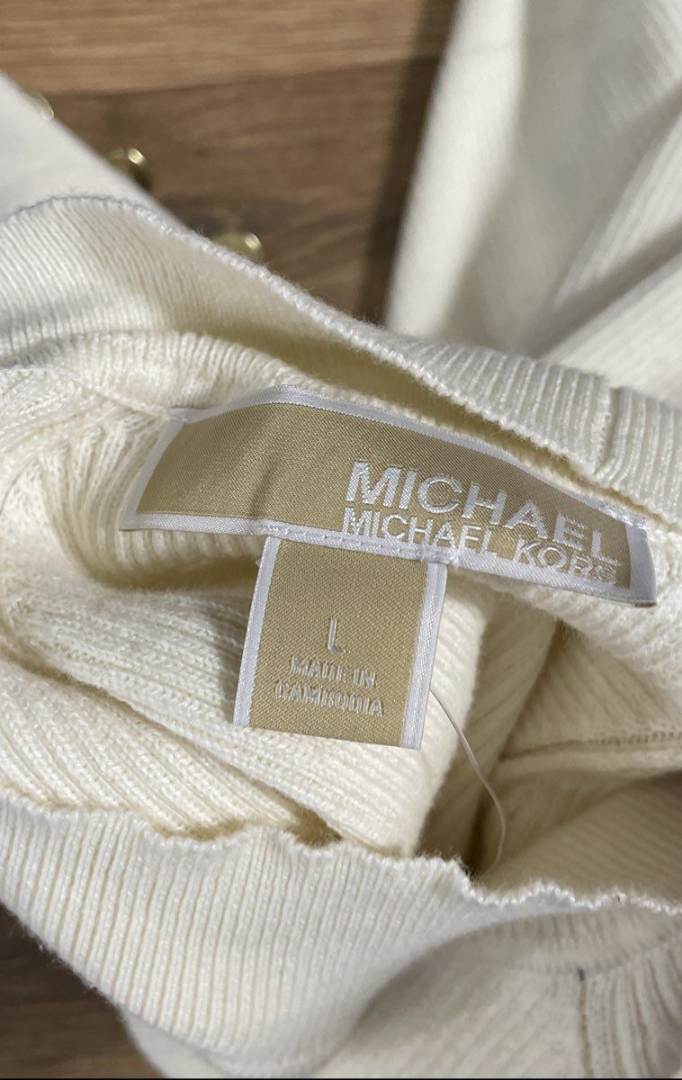 Michael Kors Women's Cream Mock Neck Ribbed Sweater Gold Button Cuff Size L