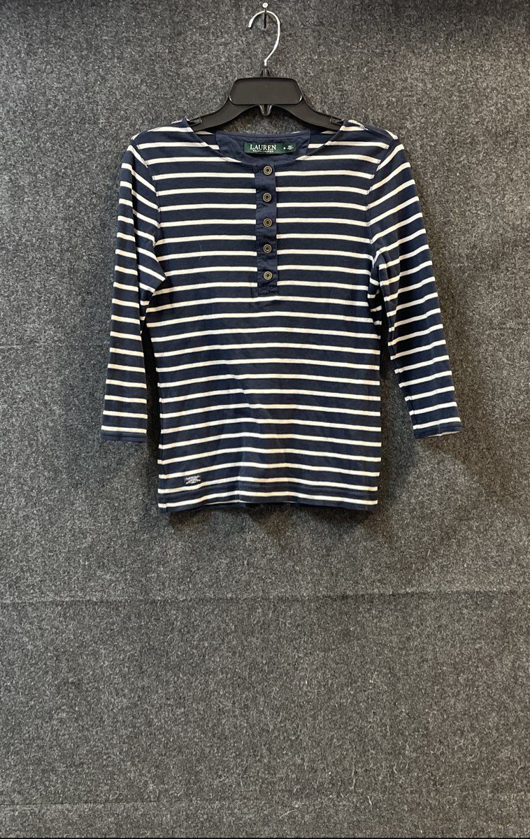 Lauren Ralph Lauren Women's Navy Blue White Striped 3/4 Sleeve Henley Shirt Sz M