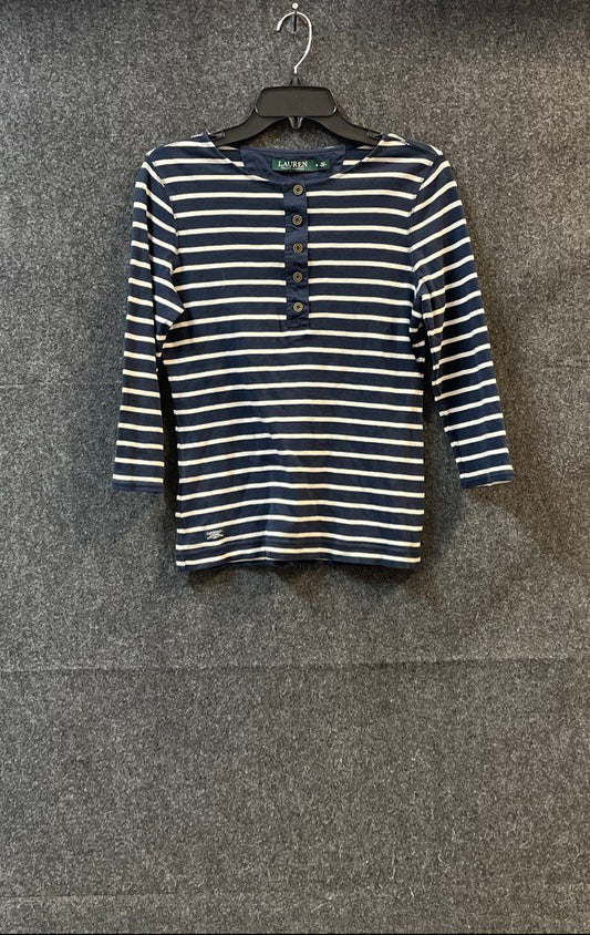 Lauren Ralph Lauren Women's Navy Blue White Striped 3/4 Sleeve Henley Shirt Sz M