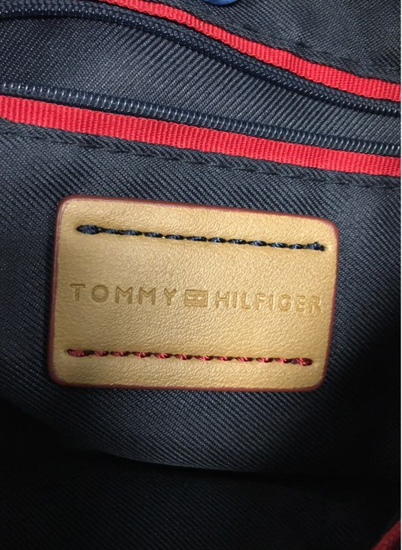 Tommy Hilfiger Navy Red White Striped Saffiano Satchel Handbag Gold Hardware