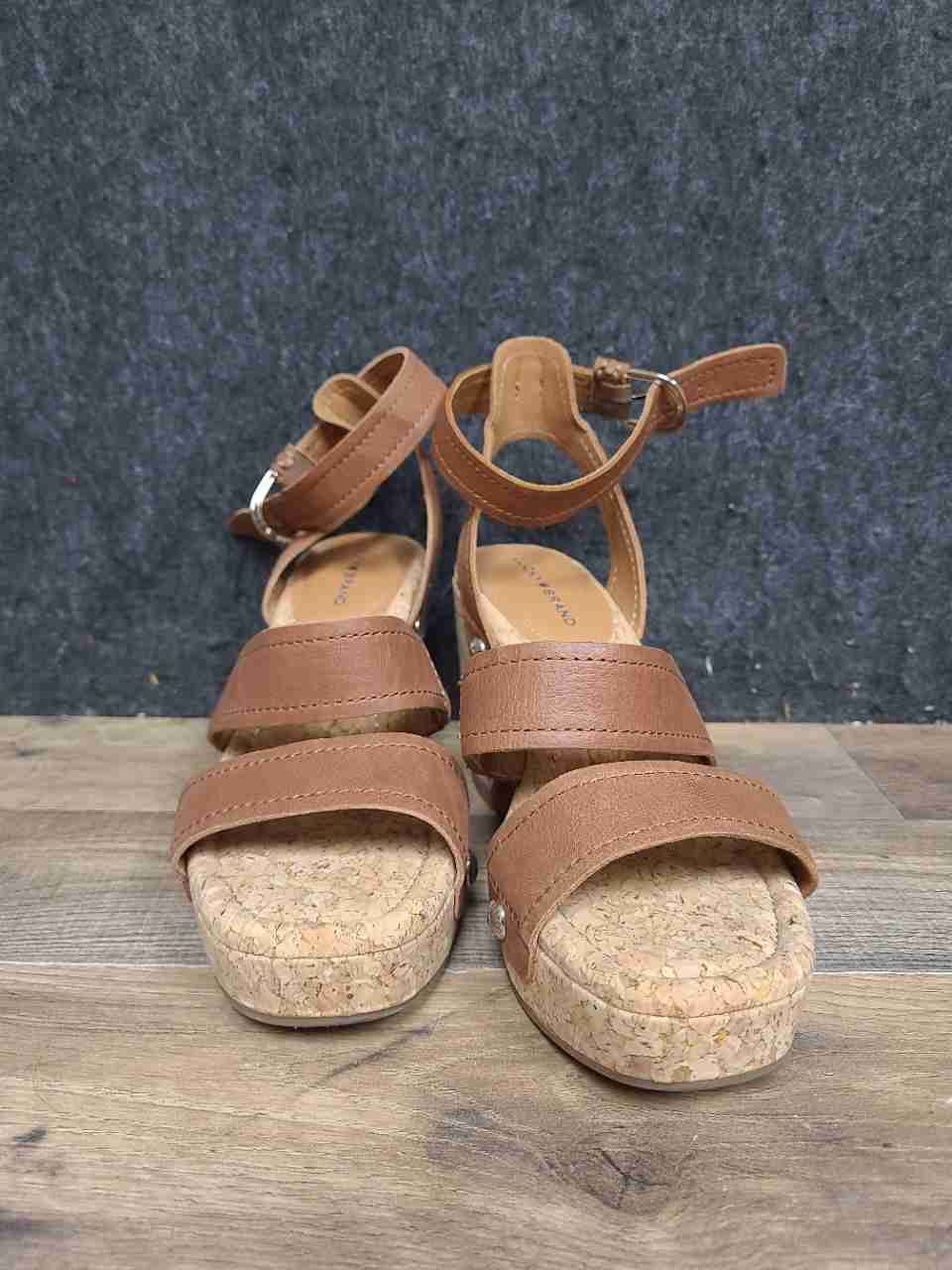 Lucky Brand Valintina Tan Leather Strappy Cork Wedge Sandals Women's Size 8.5