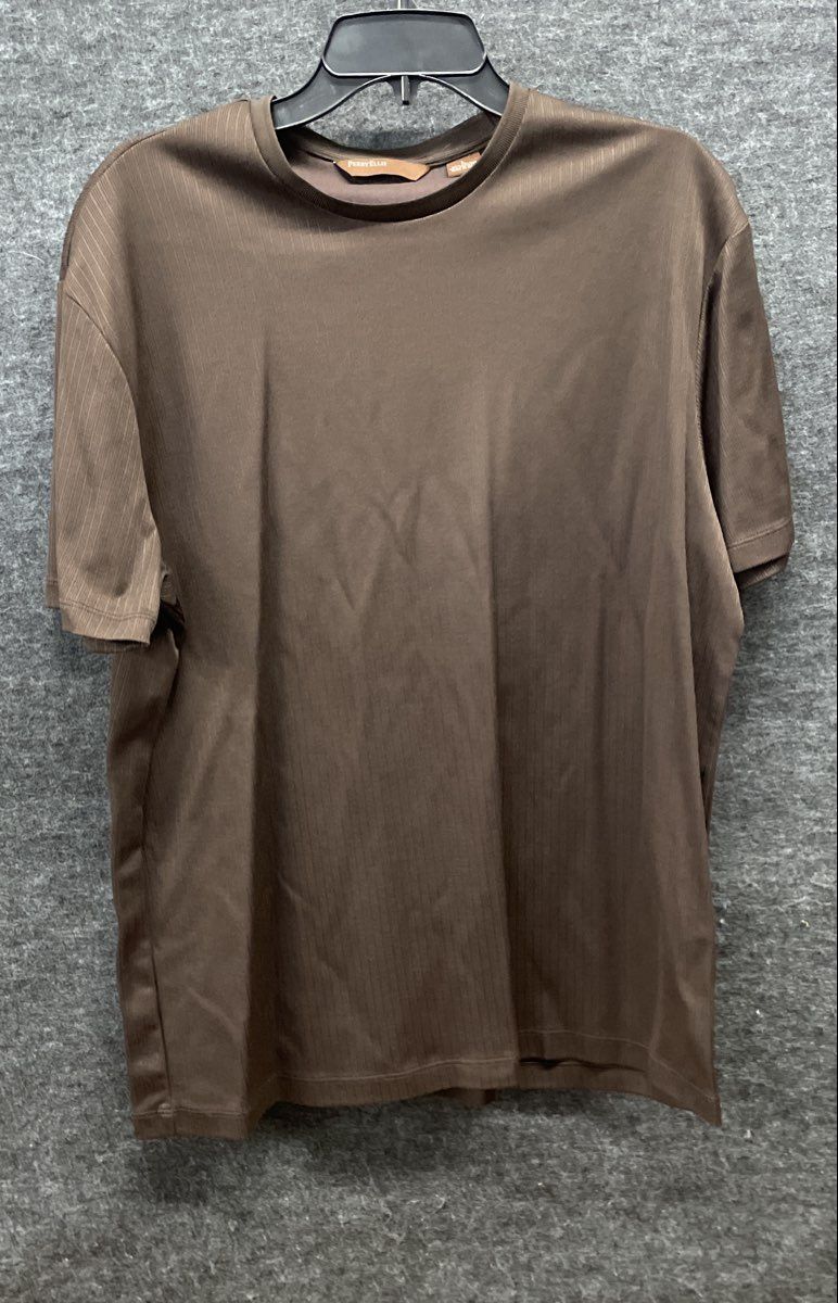 Perry Ellis Men's Brown Vertical Stripe Ribbed Short Sleeve T-Shirt Size L