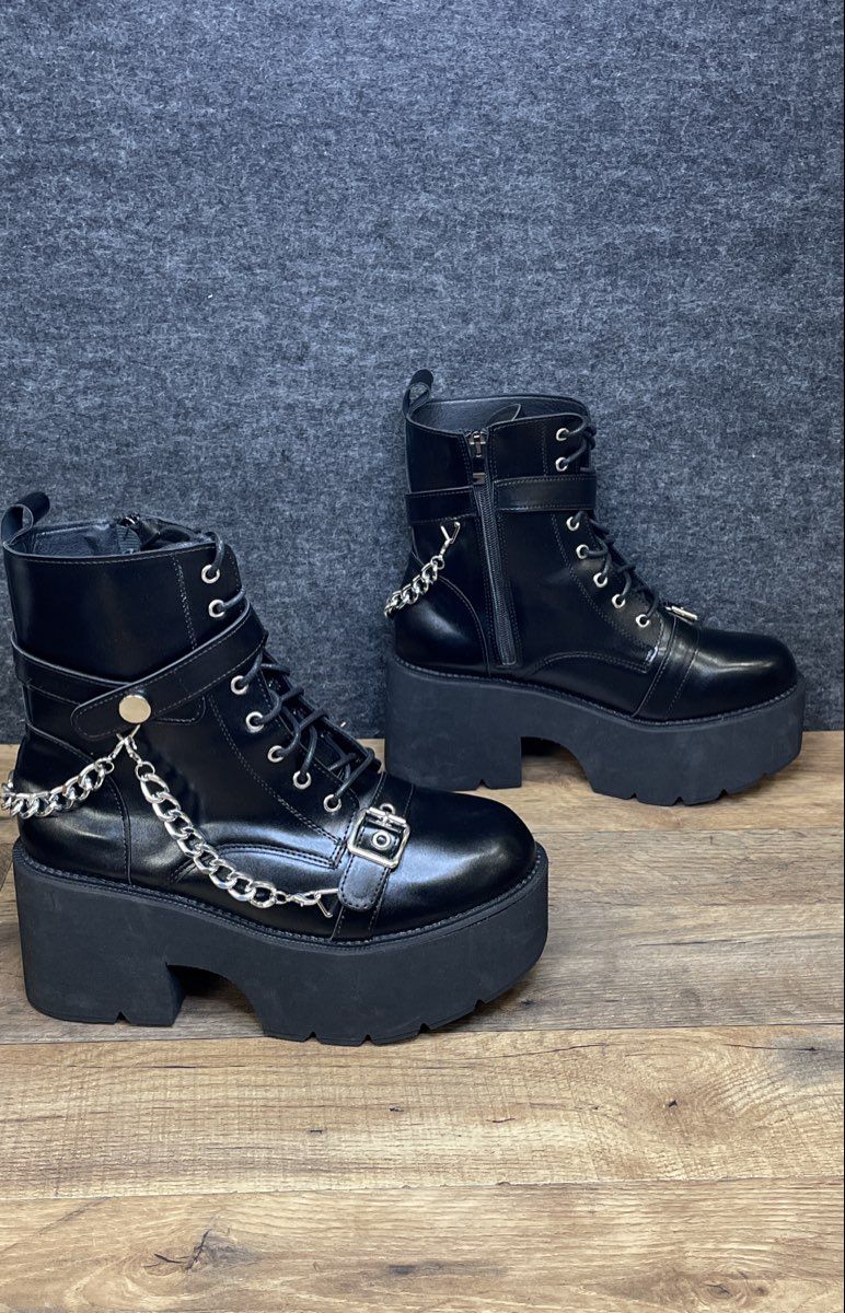 Black Platform Combat Boots Kids Girls Youth Chain Buckle Goth Punk Size Kids