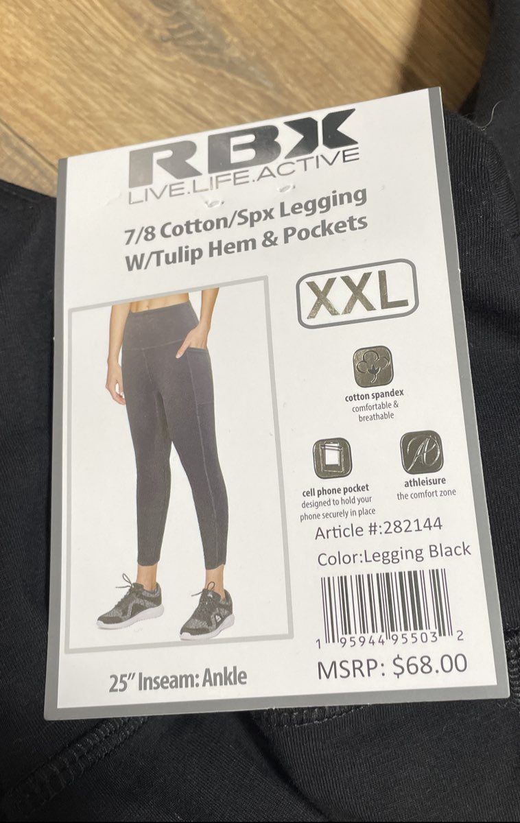 RBX Live Women's Black 7/8 Ankle Leggings Tulip Hem Pockets Sz XXL NWT