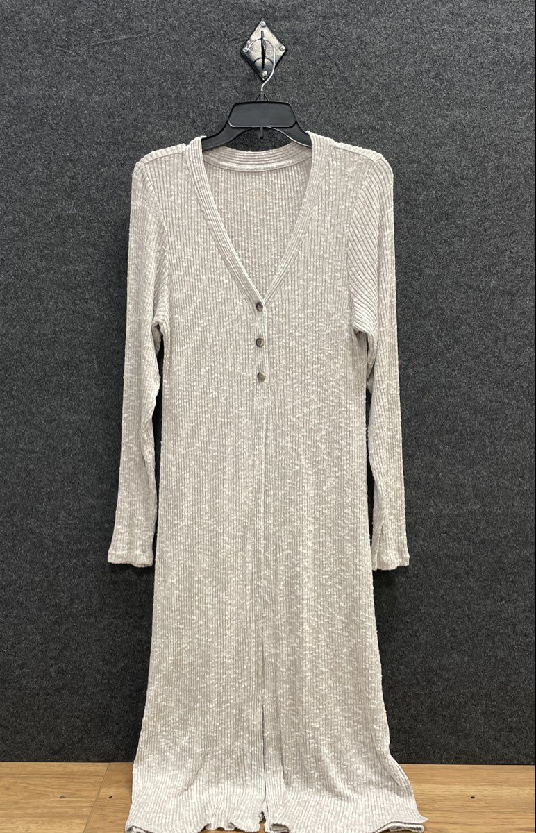 American Eagle Women's Gray Ribbed Knit Long Sleeve Henley Midi Dress XL