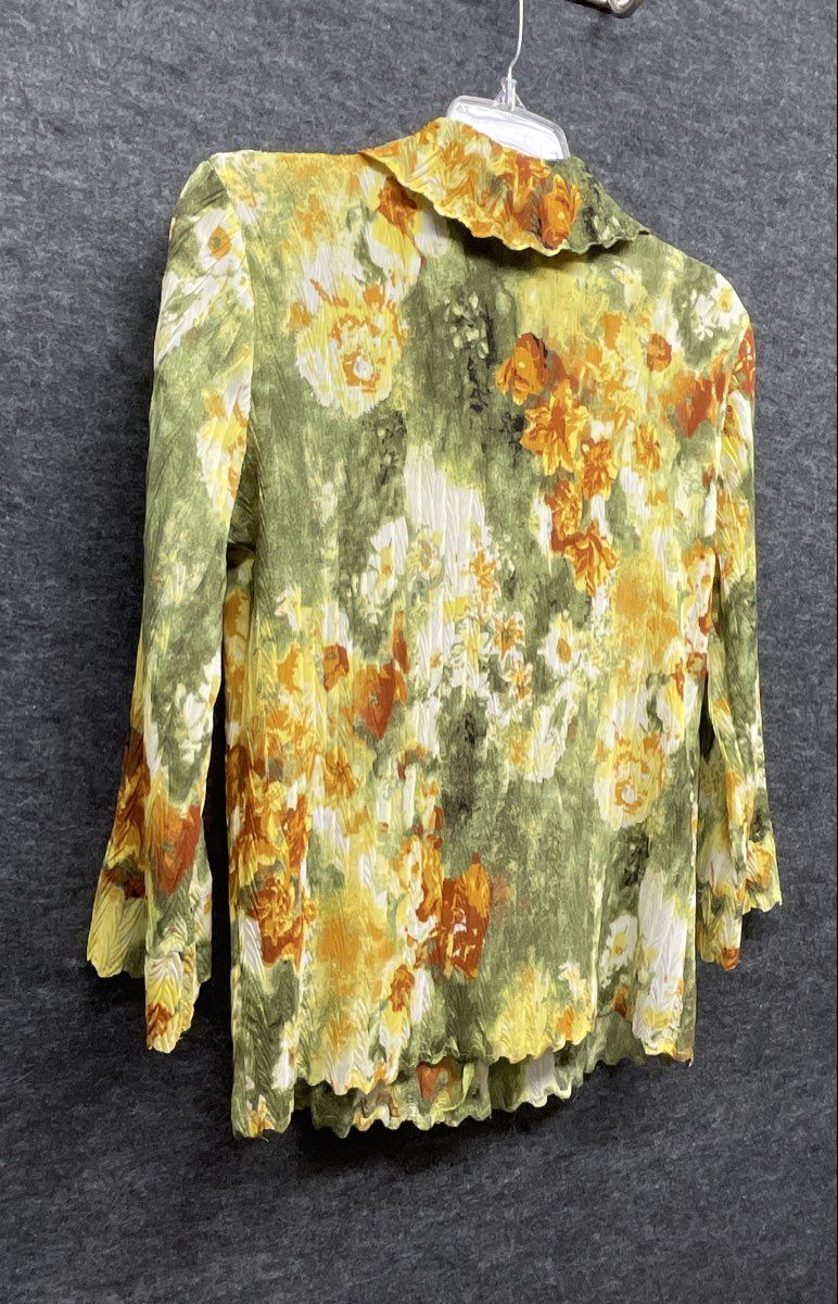 Essentials By Milano Women's Green Yellow Floral Crinkled Pleated Blouse Sz S