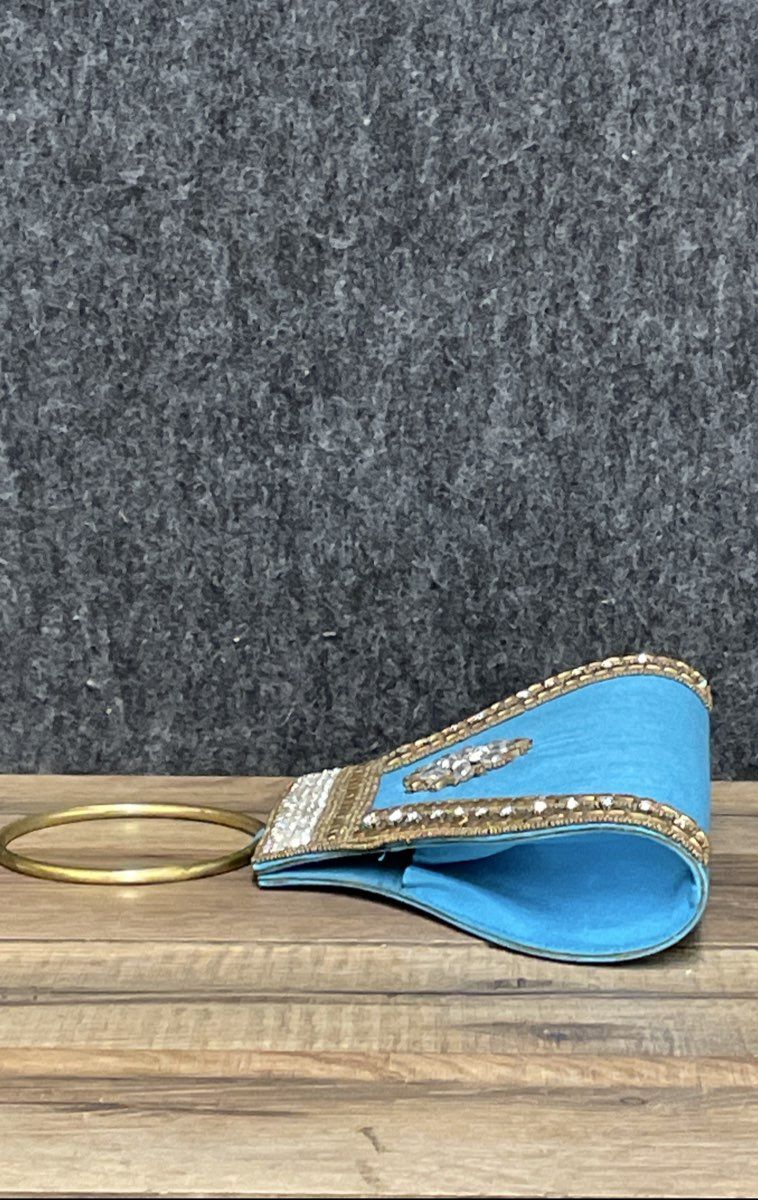 Turquoise Blue Handcrafted Beaded Ethnic Evening Clutch Bag Ring Handle
