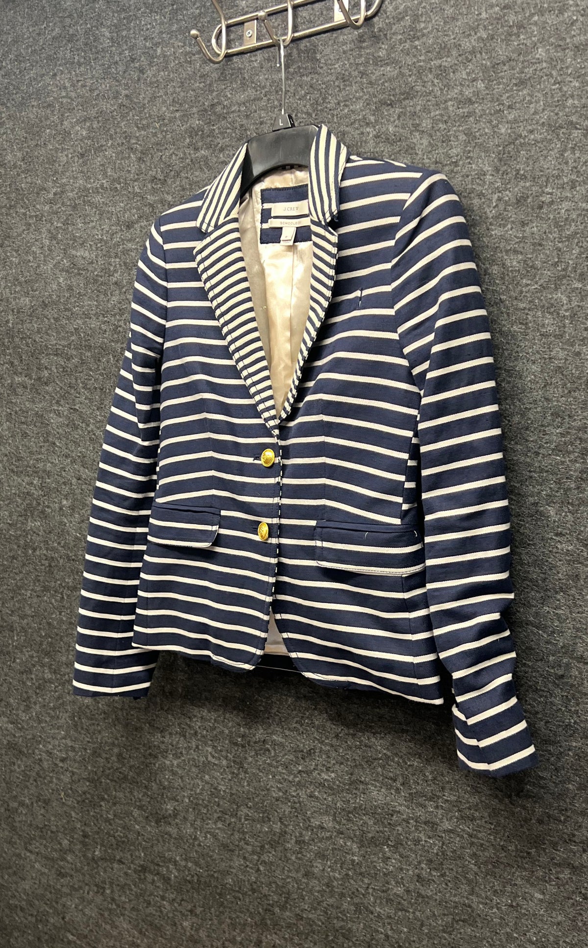 J.Crew Women's Blue White Striped Schoolboy Blazer Gold Crest Buttons Sz 0