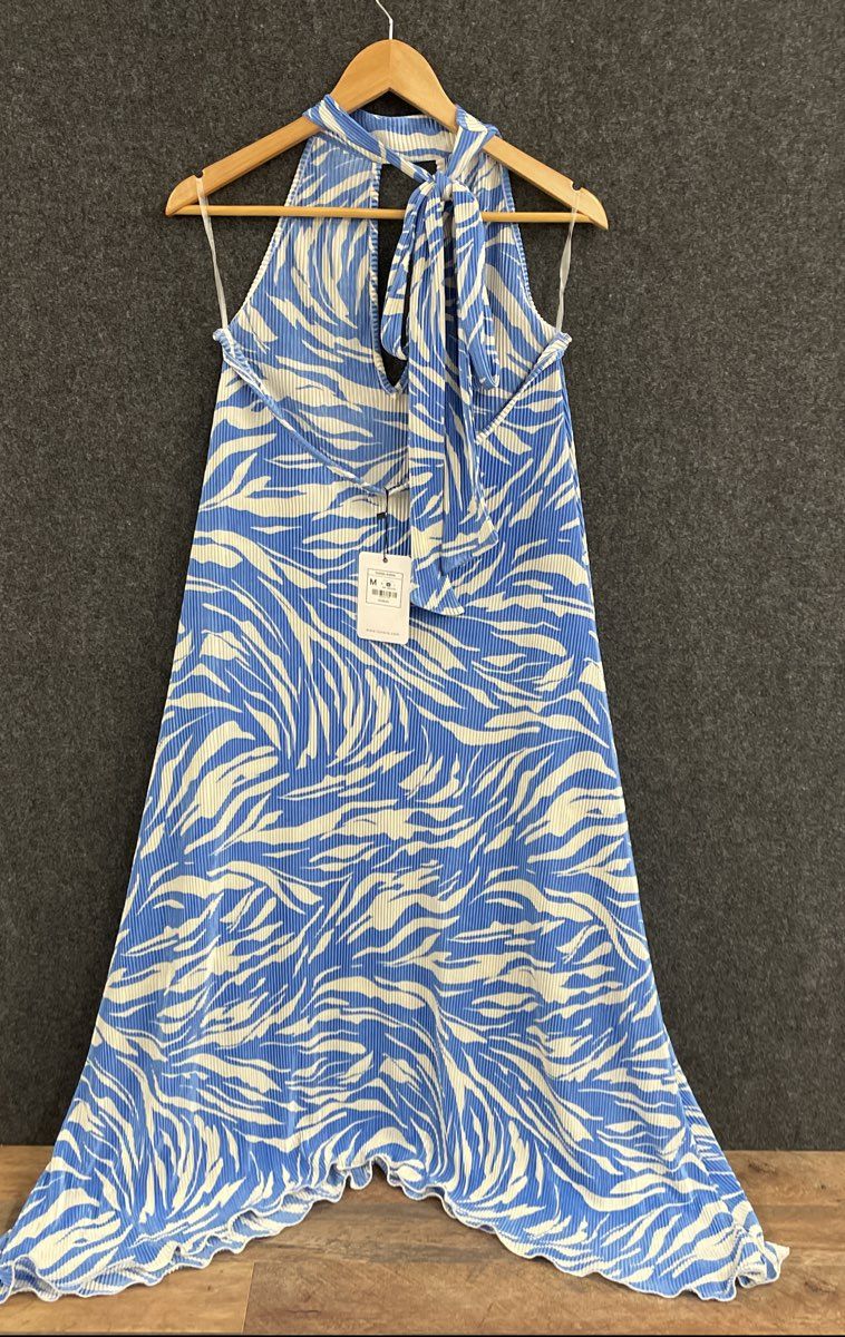 Luvaro Women's Arlette Blue Zebra Print Pleated Halter Maxi Dress NWT Size M