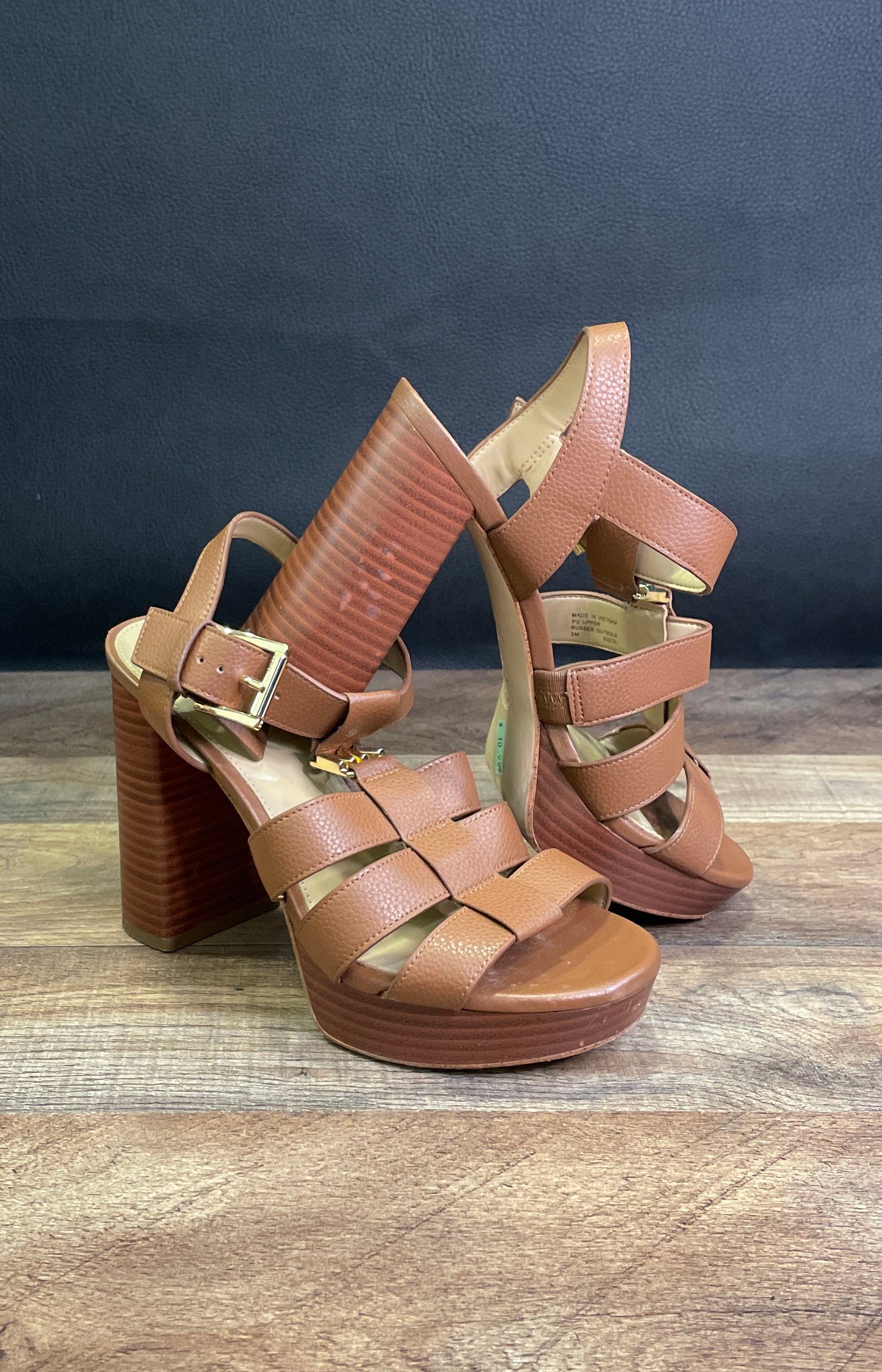 Michael Kors Reed Luggage Brown Platform Block Heel Sandals Women's Size 5M