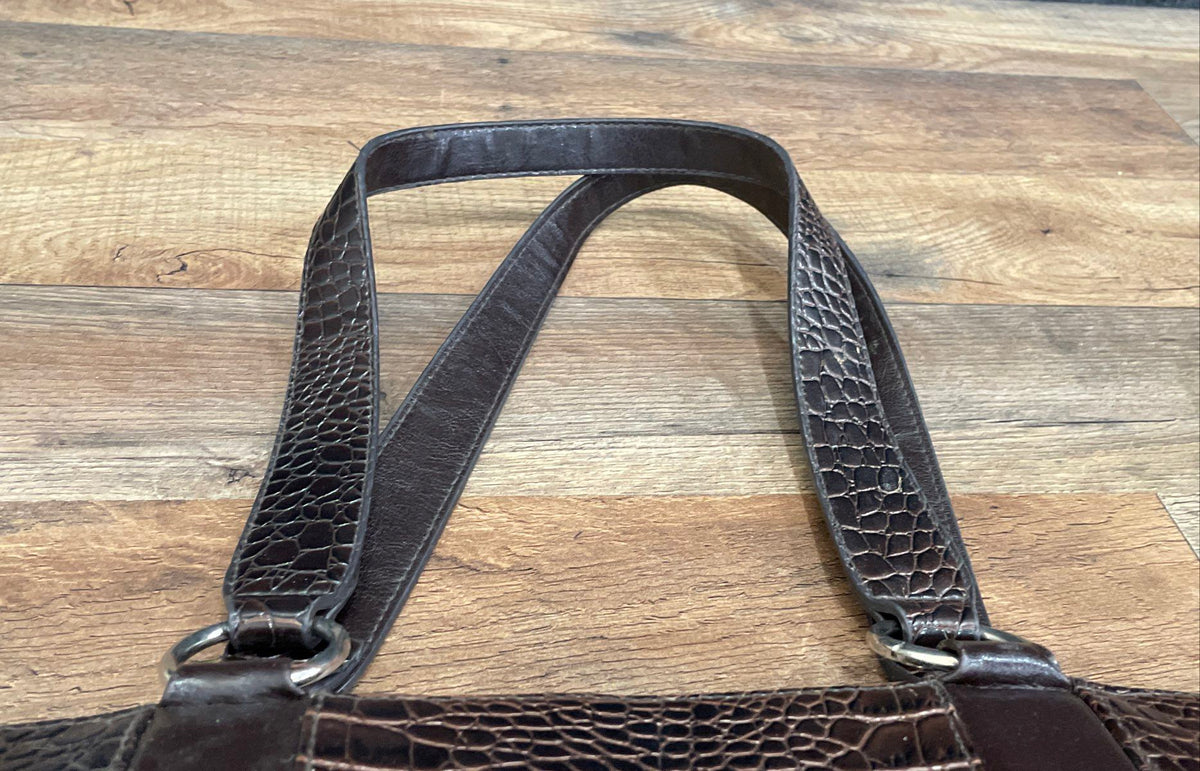 Coldwater Creek Brown Croc Embossed Leather Tote Bag Silver Hardware
